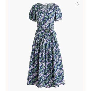 J.Crew Floral Puff Sleeve Tiered Midi Dress Navy Purple Cotton Size 10 Pocket